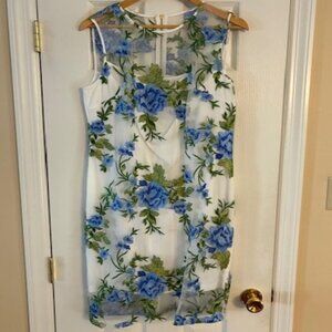 Calvin Klein Floral Embroidered Mesh Sheath Dress Blue White Knee Length Size 12